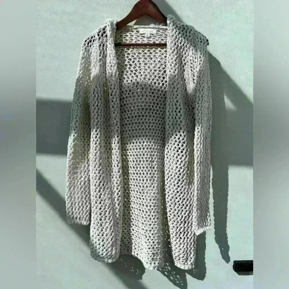 Greige Womens Beige Knit Open Hoodie Beach Coastal Preppy Cover Up Sweater Small - Picture 2 of 8